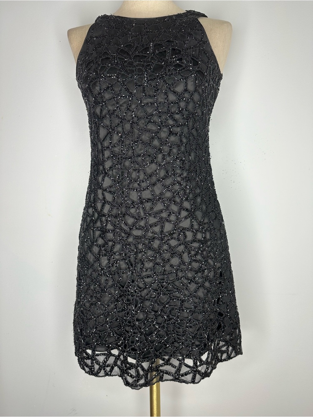 Sani Black Beaded Mesh Overlay Sheath Mini Dress XS Sleeveless High Neck